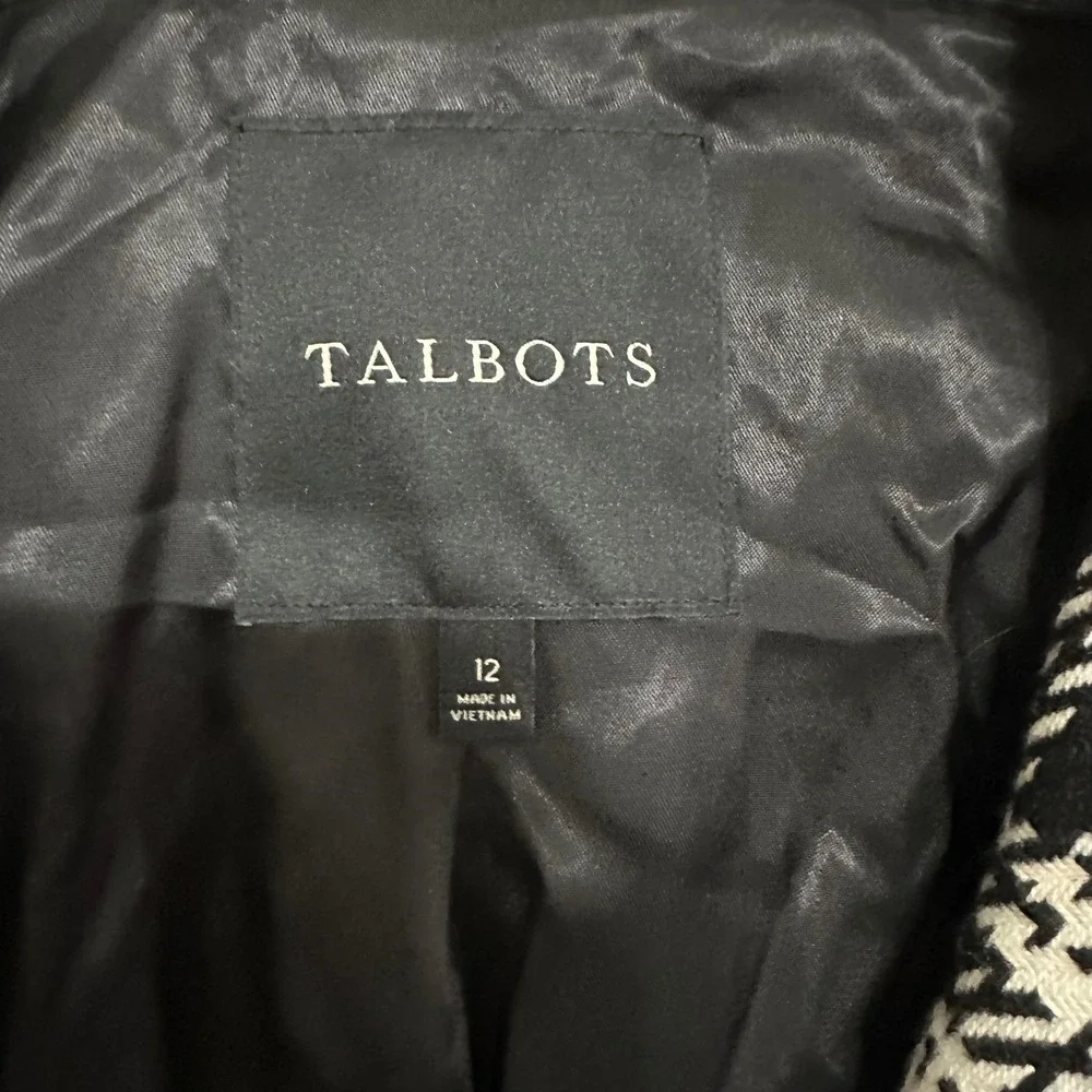 TALBOTS Womens Black White Plaid Wool Blend Pea‎ Coat Sz 12 Jacket